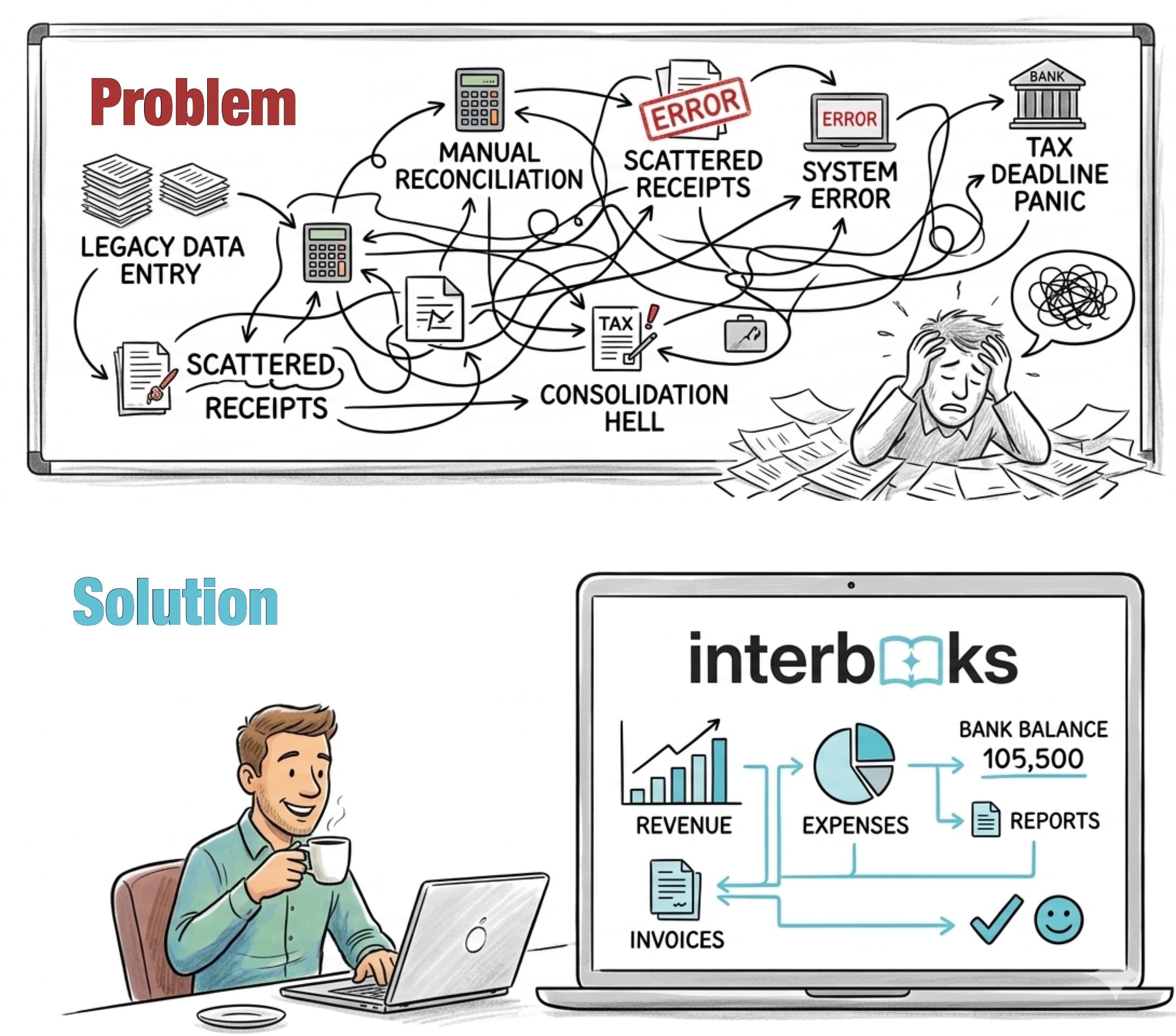 Before and after — from scattered receipts and reconciliation chaos to a calm Interbooks dashboard
